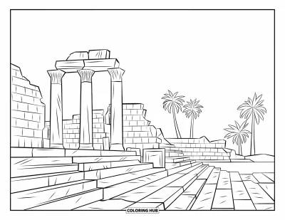 Coloriage d'Afrique pour adultes : Les colonnes et les murs historiques de Carthage encadrés par des palmiers au loin