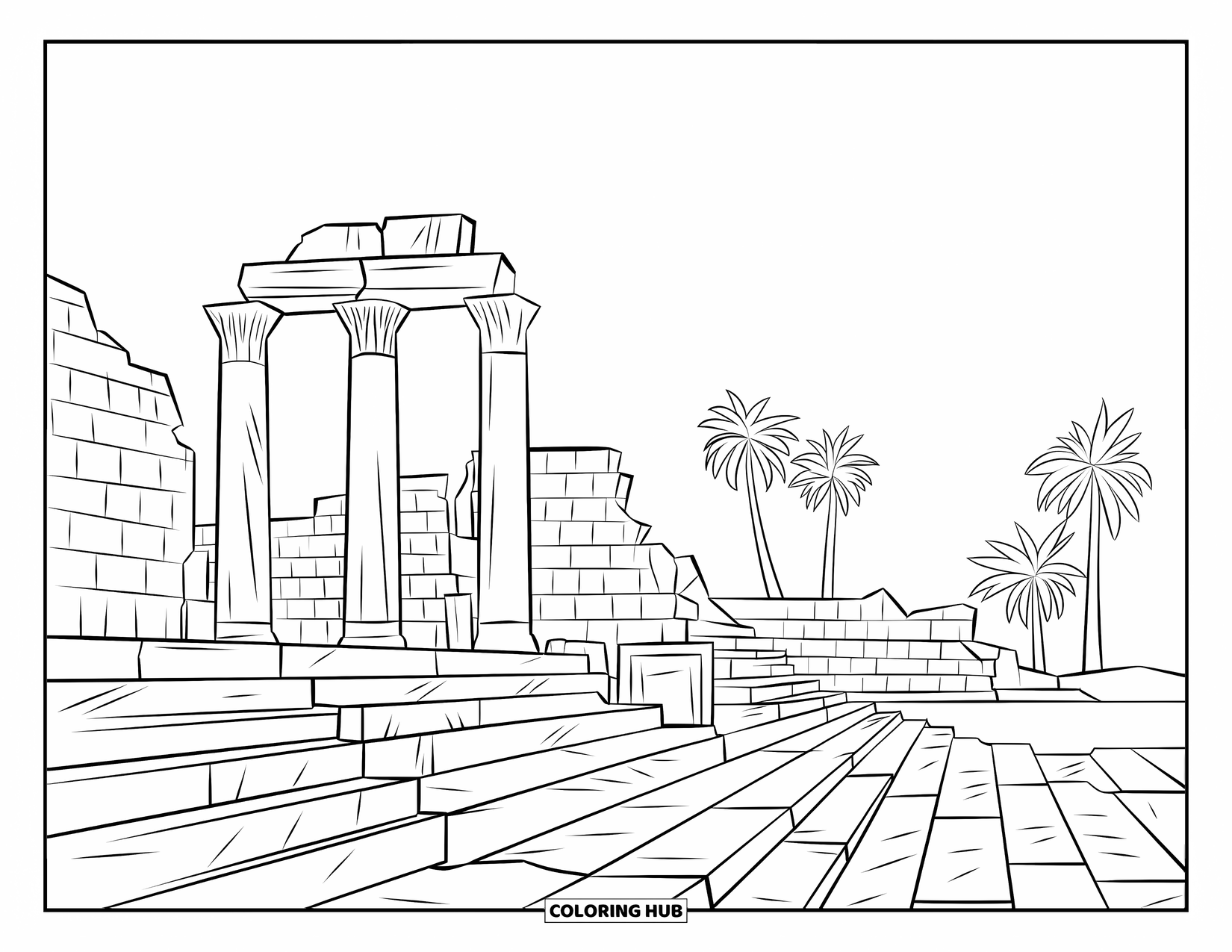 Africa Coloring Page for Adults: Carthage's historic columns and walls framed by distant palms