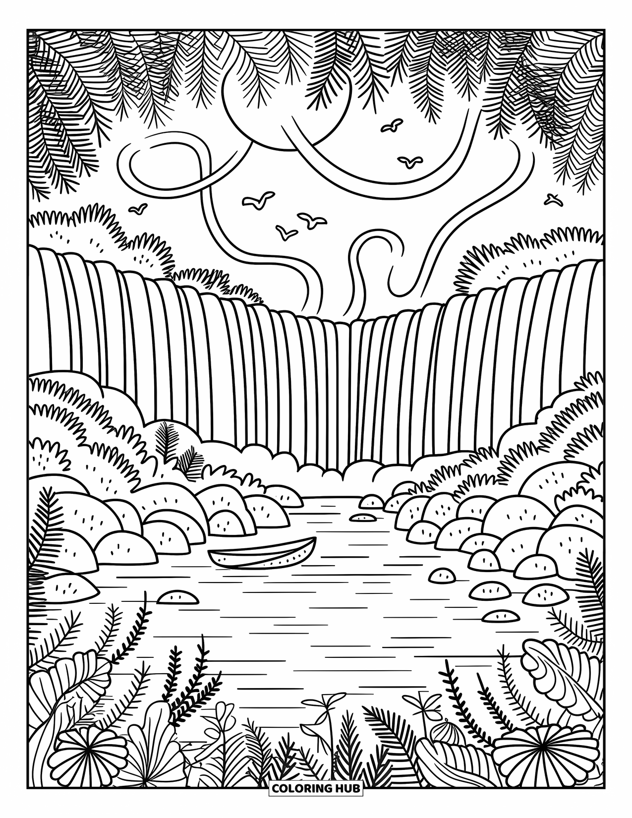 Africa Coloring Page for Adults: Majestic falls plunge through jungle plants and swirling mist