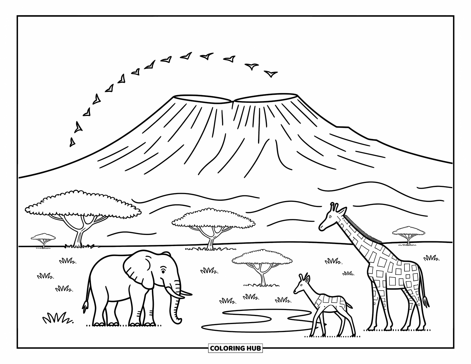 Africa Coloring Page for Adults: Mount Kilimanjaro stands tall above animals gathered by a calm pond