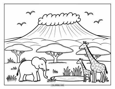 Coloriage d'Afrique pour adultes : Le Kilimandjaro surplombe un étang avec des éléphants, des girafes et des oiseaux