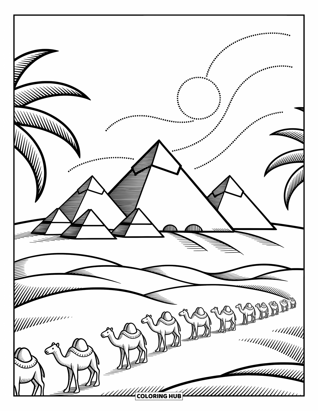 Africa Coloring Page for Adults: Pyramids gleam above rippling dunes lined with palm trees