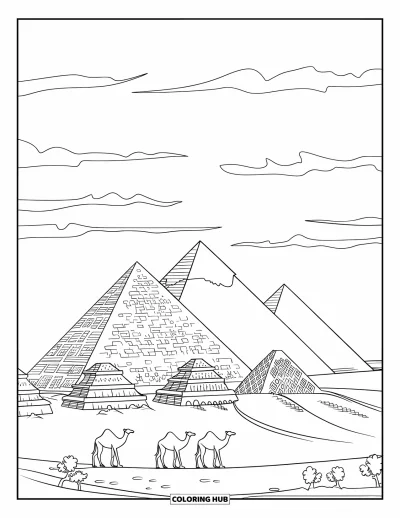 Coloriage d'Afrique pour adultes : Des pyramides se dressent derrière des chameaux traversant les sables égyptiens