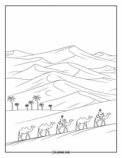 Coloriage d'Afrique pour adultes : Des cavaliers guident leurs chameaux à travers les immenses sables du Sahara