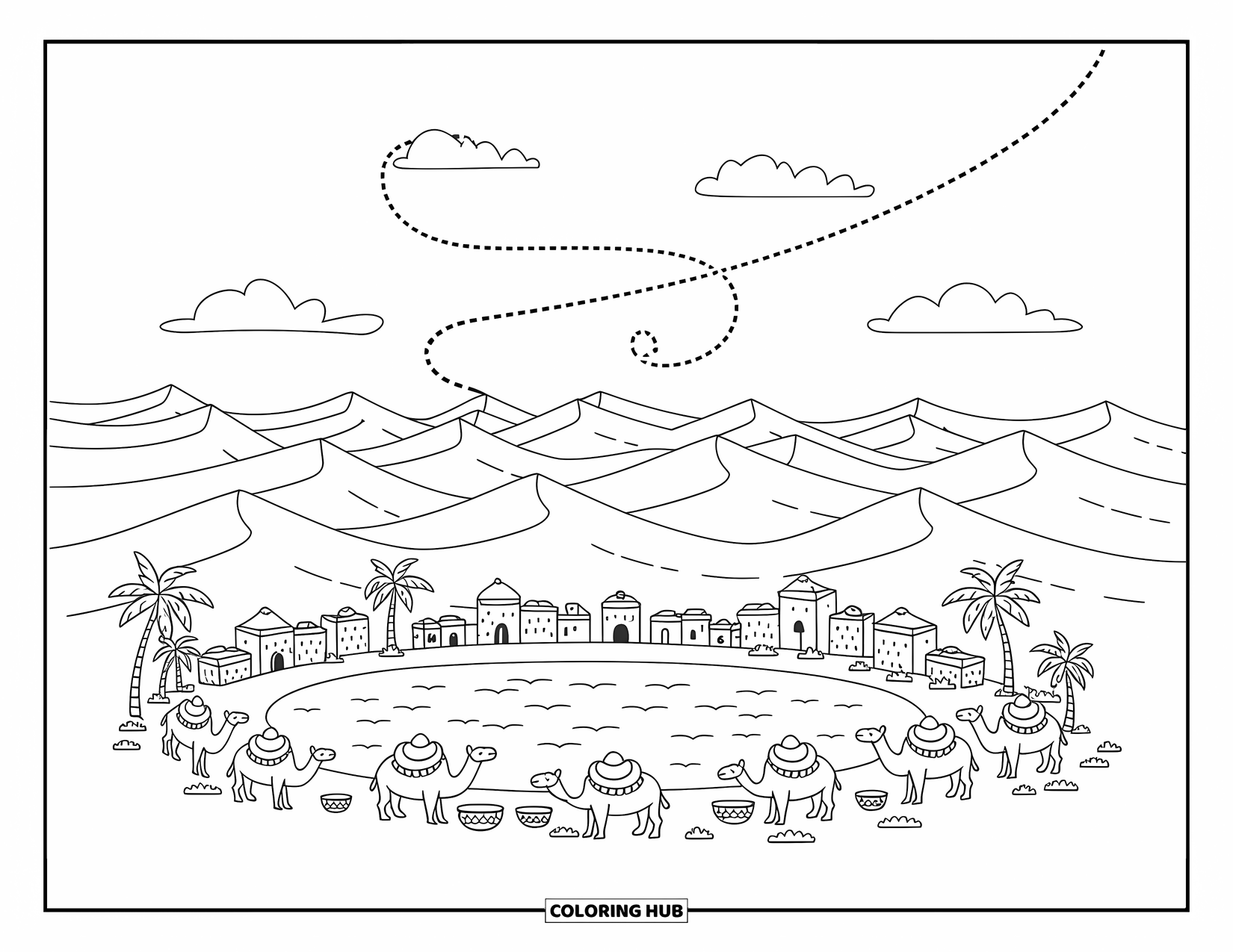 Africa Coloring Page for Adults: Rolling desert dunes lead to a calm oasis with palm trees and travelers