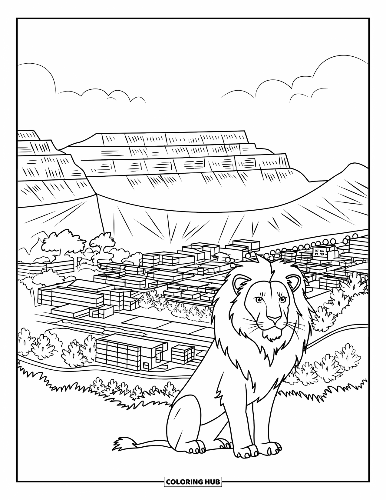 Africa Coloring Page for Adults: Table Mountain rises above the city as a lion rests nearby