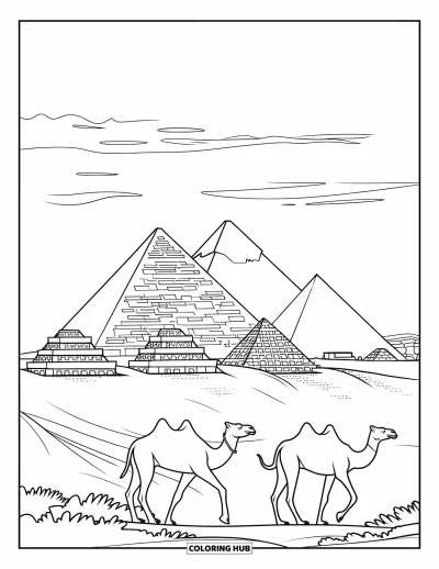 Coloriage d'Afrique pour adultes : Les Grandes Pyramides dominent des chameaux marchant dans le désert