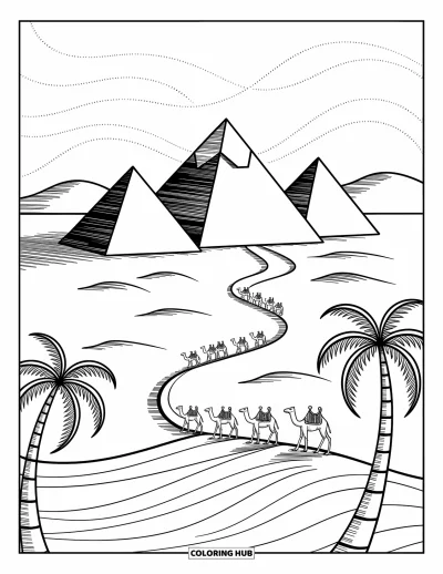 Coloriage d'Afrique pour adultes : Trois pyramides s'élèvent derrière des dunes de sable avec des chameaux qui les traversent