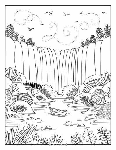 Coloriage d'Afrique pour adultes : Les chutes Victoria se déversent le long d'une haute falaise entourée de plantes luxuriantes