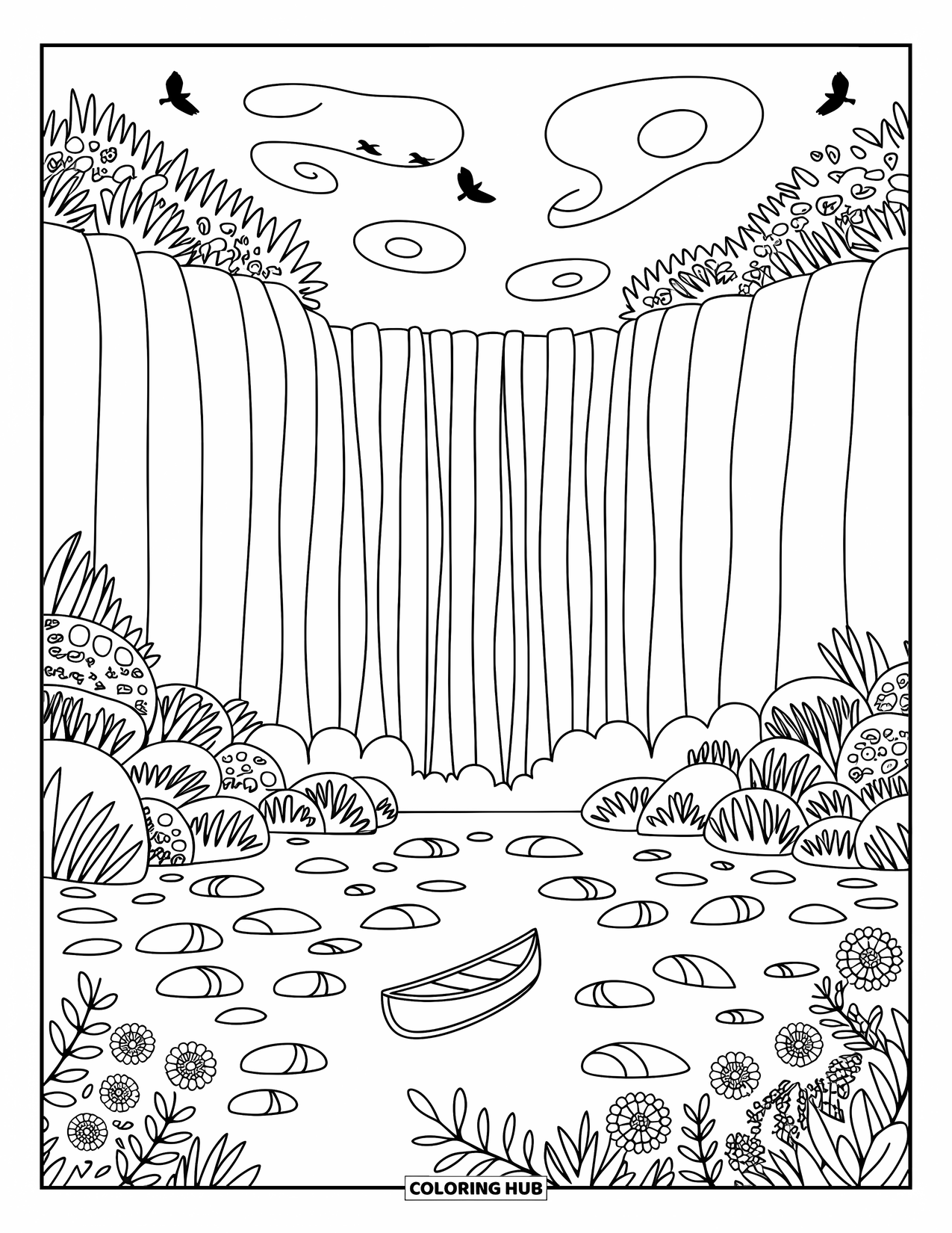 Africa Coloring Page for Adults: Victoria Falls cascades with mist, flowers, and a tiny drifting canoe