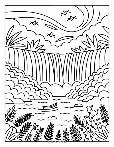 Coloriage d'Afrique pour adultes : L'eau jaillit avec puissance aux chutes Victoria parmi des rochers et des plantes feuillues