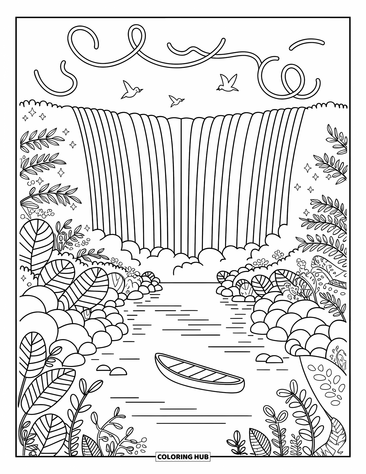 Africa Coloring Page for Adults: Water rushes over cliffs while birds soar through the rising mist