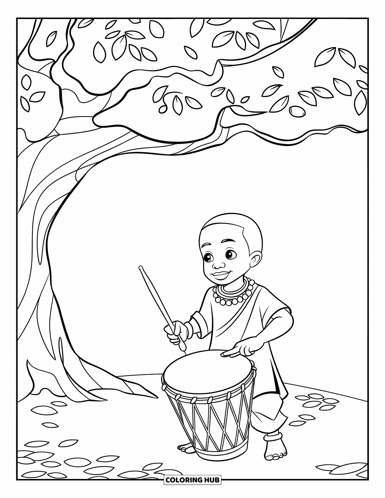 Africa Coloring Page for Kids: A boy drumming joyfully under a large tree's shade