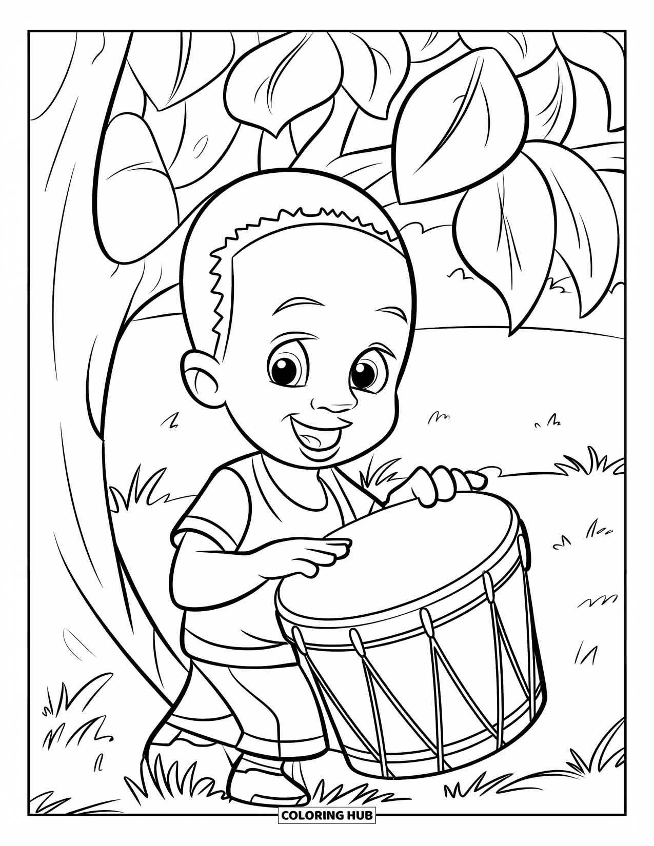 Africa Coloring Page for Kids: A boy smiles while playing a drum beneath a leafy tree
