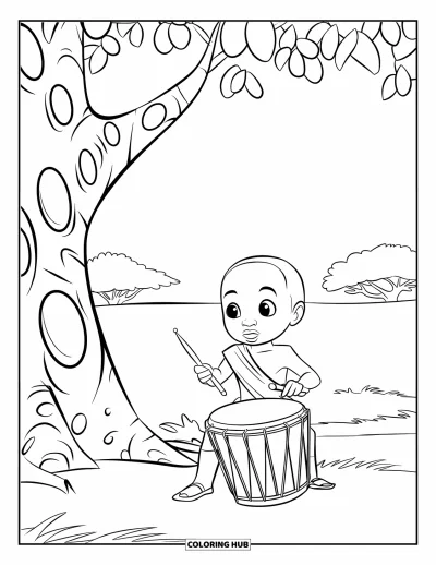 Coloriage d'Afrique pour enfants : Un garçon joyeux joue de son tambour à côté d'un vieux et grand arbre