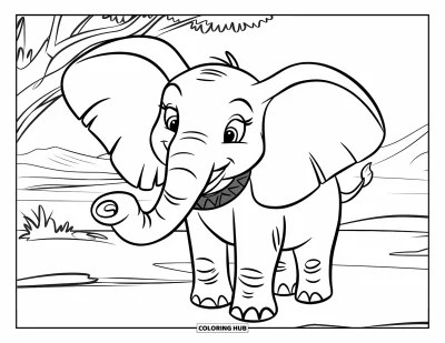 Coloriage d'Afrique pour enfants : Un éléphant souriant se tient fièrement parmi les arbres et les collines
