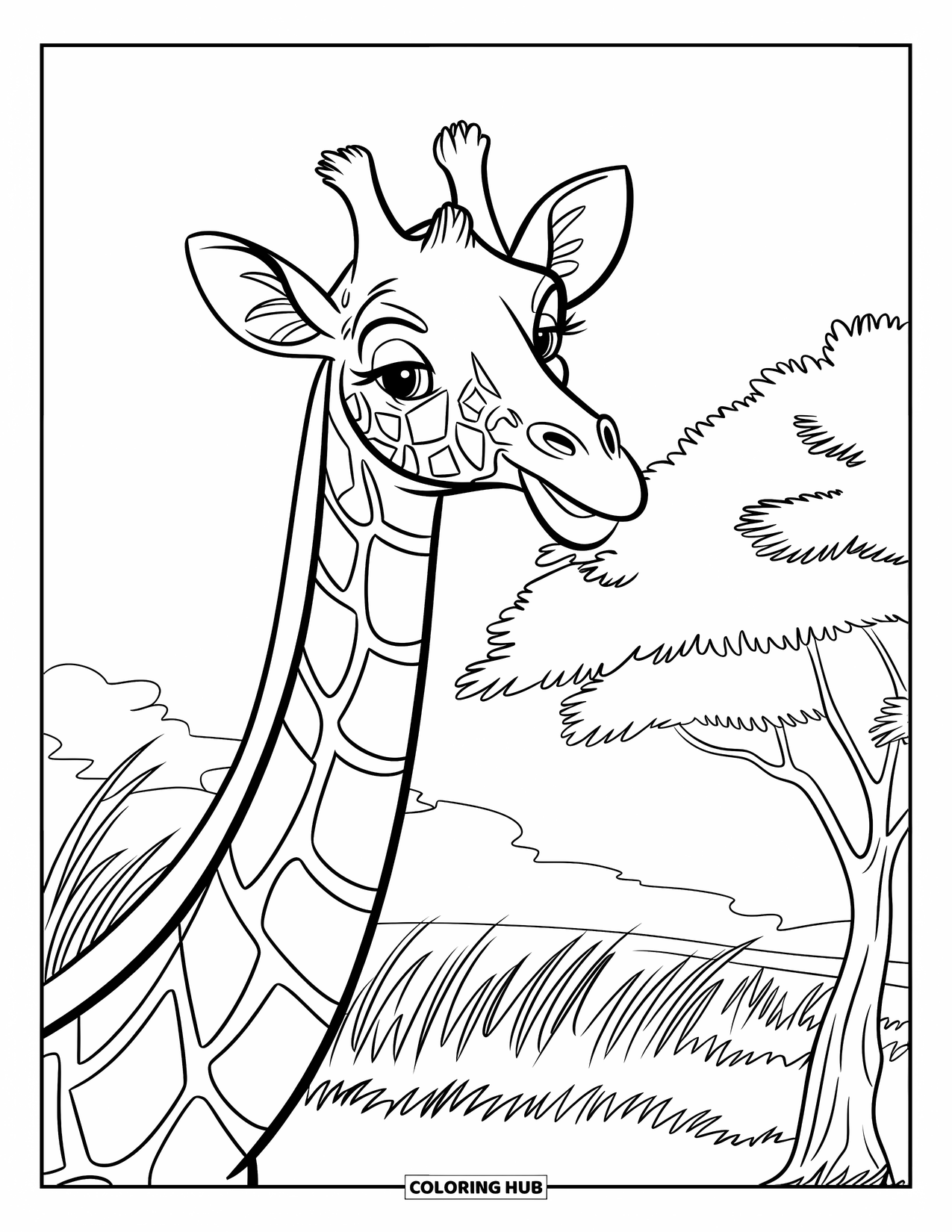 Africa Coloring Page for Kids: A cheerful giraffe smiles while nibbling from a leafy tree