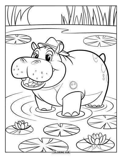 Coloriage d'Afrique pour enfants : Un hippopotame joyeux se prélasse dans un étang fleuri sous un ciel dégagé