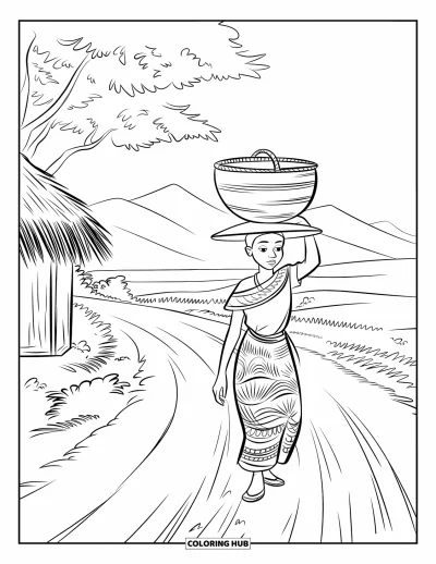Coloriage d'Afrique pour enfants : Une femme souriante portant un panier marche près de cases et d'arbres