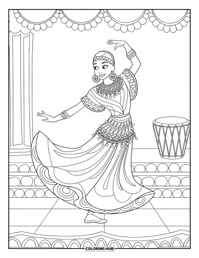 Coloriage d'Afrique pour enfants : Une femme danse en faisant tournoyer ses vêtements perlés et colorés
