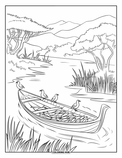 Coloriage d'Afrique pour enfants : Une barque de pêche flotte sur une rivière calme entourée de roseaux et d'oiseaux