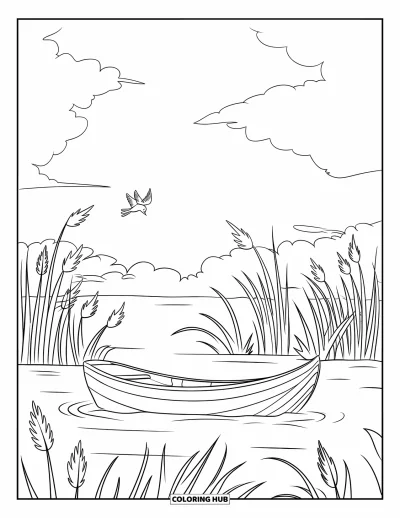 Coloriage d'Afrique pour enfants : Une barque de pêche glisse doucement sur une rivière bordée de roseaux