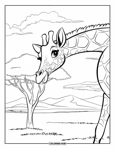 Coloriage d'Afrique pour enfants : Une girafe grignote les feuilles d'un petit arbre dans la plaine