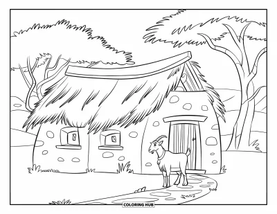 Coloriage d'Afrique pour enfants : Une chèvre se repose près d'une petite maison en pierre avec vue sur la montagne