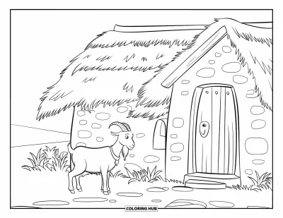 Coloriage d'Afrique pour enfants : Une chèvre se tient fièrement près d'une maison au toit de chaume sous le soleil