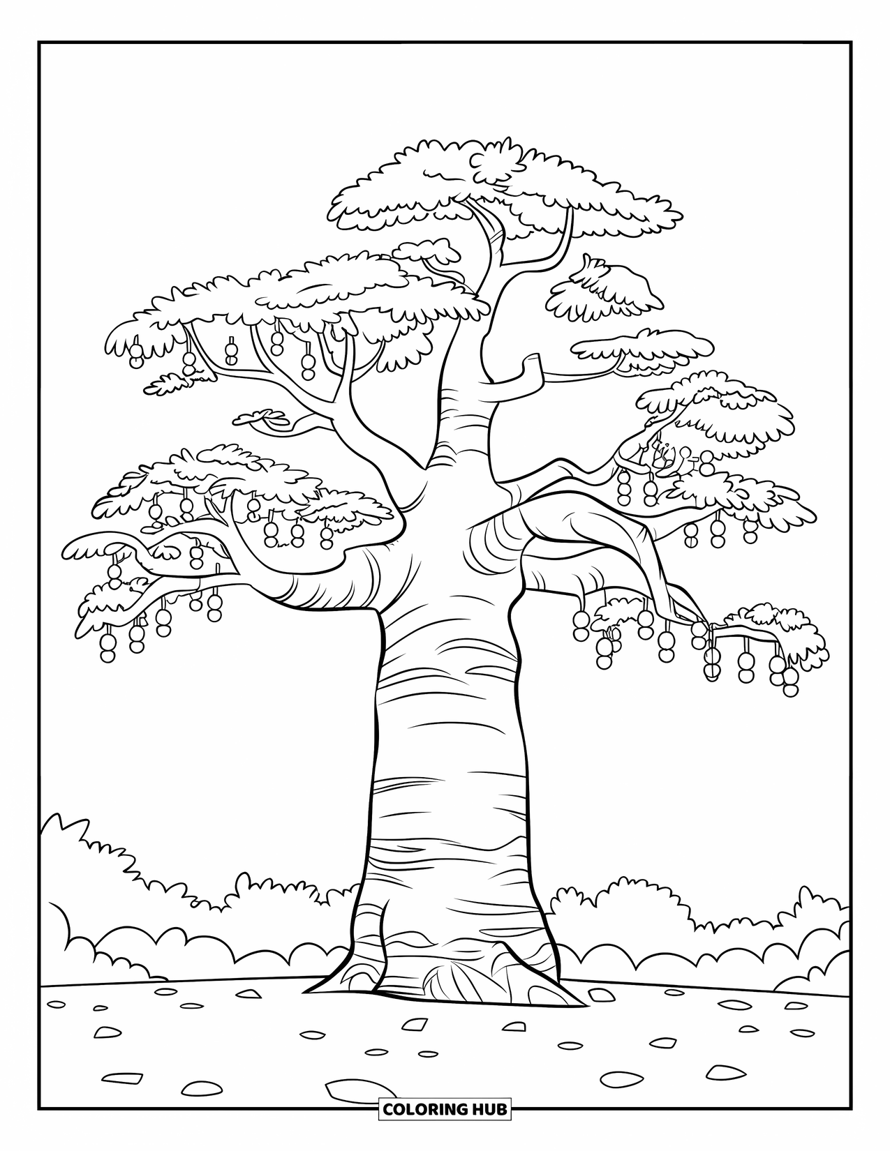 Africa Coloring Page for Kids: A grand baobab tree with thick trunk and hanging leaves