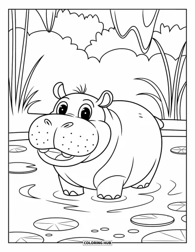 Coloriage d'Afrique pour enfants : Un hippopotame heureux se détend dans un étang entouré de nénuphars