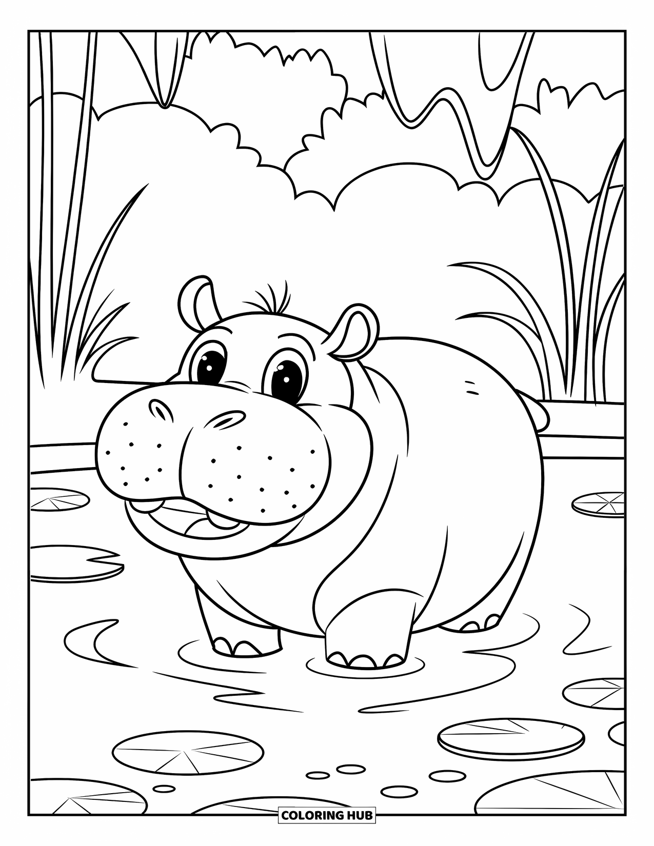 Africa Coloring Page for Kids: A happy hippo relaxes in a pond surrounded by lily pads