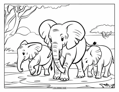 Coloriage d'Afrique pour enfants : Un troupeau d'éléphants traverse les herbes vers un étang au coucher du soleil