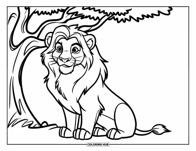 Coloriage d'Afrique pour enfants : Un lion à la grande crinière est assis joyeusement sous un arbre ombragé