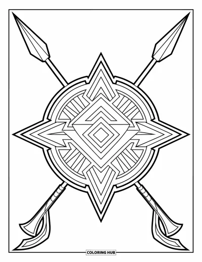 Coloriage d'Afrique pour enfants : Un bouclier aux motifs colorés avec de longues lances croisées derrière lui