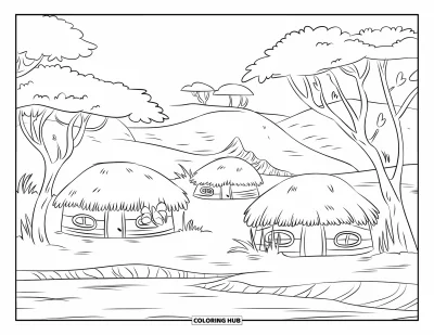Coloriage d'Afrique pour enfants : Un village tranquille avec des cases de chaume près de douces collines