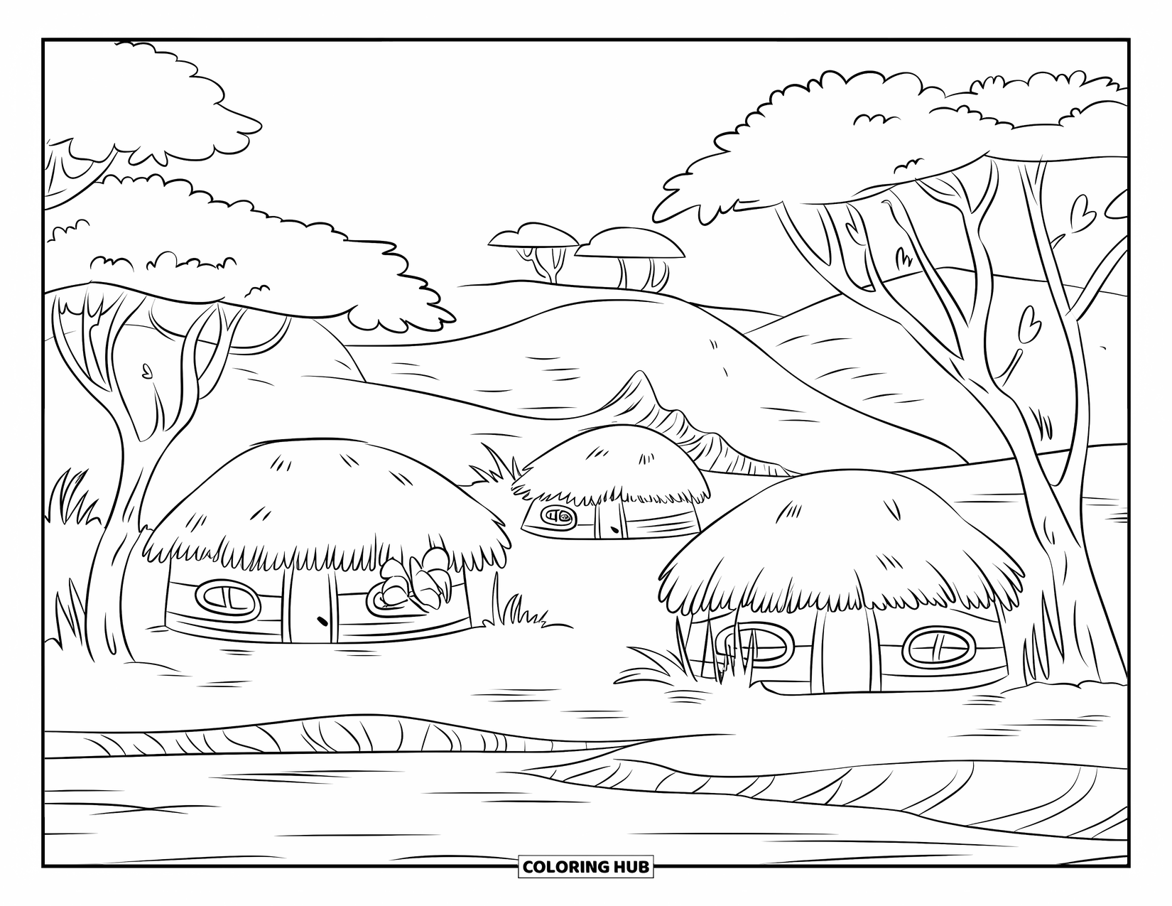 Africa Coloring Page for Kids: A peaceful village with thatched huts near gentle hills