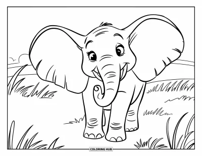 Coloriage d'Afrique pour enfants : Un éléphant espiègle sourit sous un ciel ouvert et lumineux