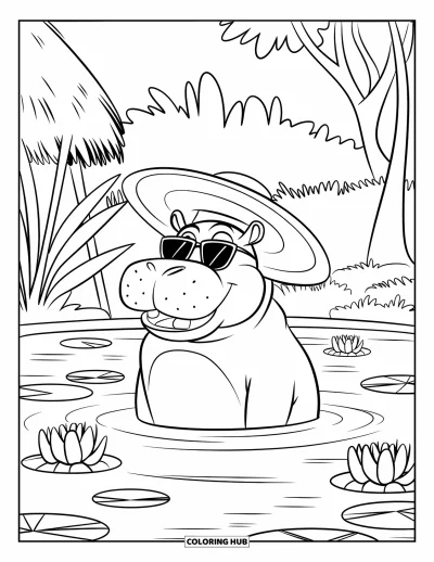 Coloriage d'Afrique pour enfants : Un hippopotame espiègle sourit dans l'étang avec un chapeau de paille