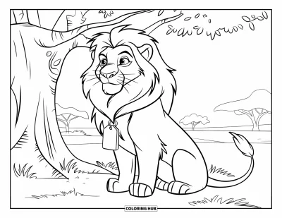 Coloriage d'Afrique pour enfants : Un lion fier est assis sous un arbre avec un collier portant l'inscription "King"