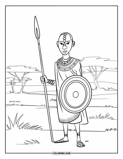 Coloriage d'Afrique pour enfants : Un guerrier maasaï contemple fièrement la savane verdoyante