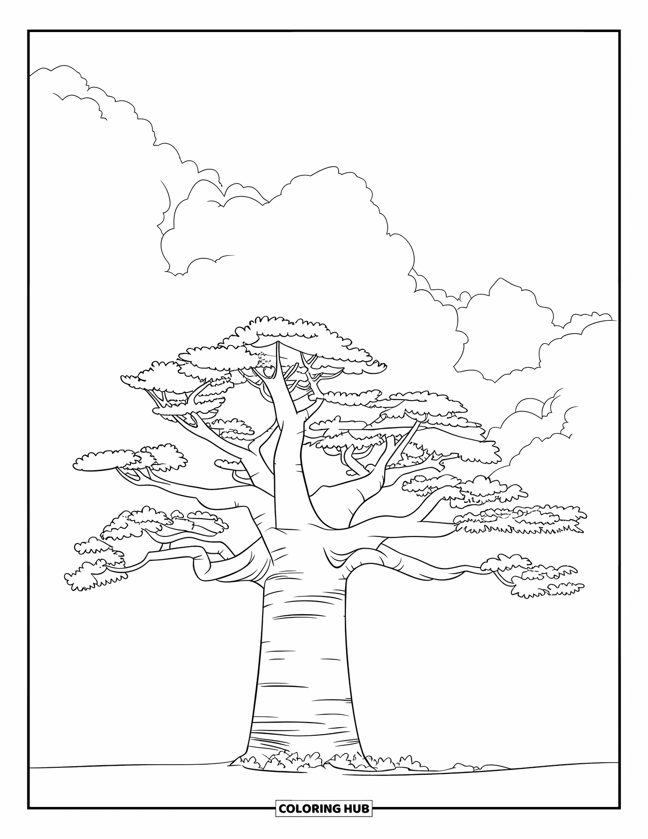 Africa Coloring Page for Kids: A round baobab tree with spreading branches and leafy crown