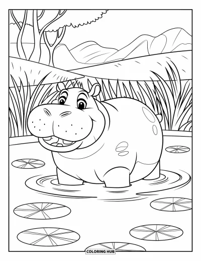 Coloriage d'Afrique pour enfants : Un hippopotame joufflu sourit dans l'étang près de hautes herbes vertes