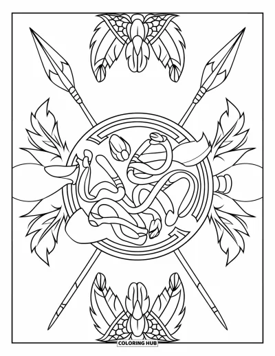 Coloriage d'Afrique pour enfants : Un bouclier aux motifs tribaux audacieux et des lances croisées
