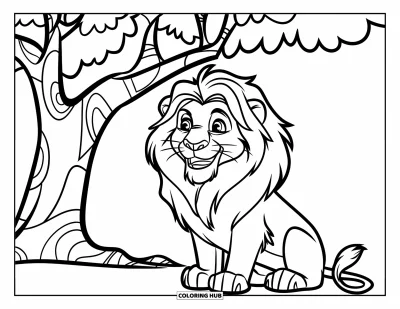 Coloriage d'Afrique pour enfants : Un lion souriant se détend sous un arbre avec une cravate amusante