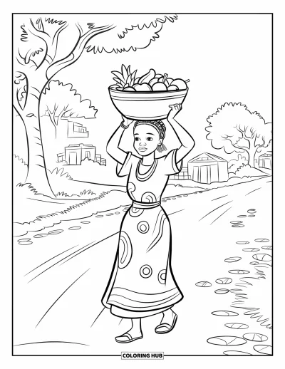 Coloriage d'Afrique pour enfants : Une femme souriante porte des fruits dans un panier sous des arbres ombragés
