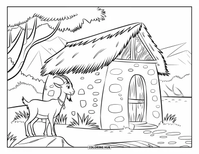 Coloriage d'Afrique pour enfants : Une maison en pierre avec une chèvre près de sa porte en bois