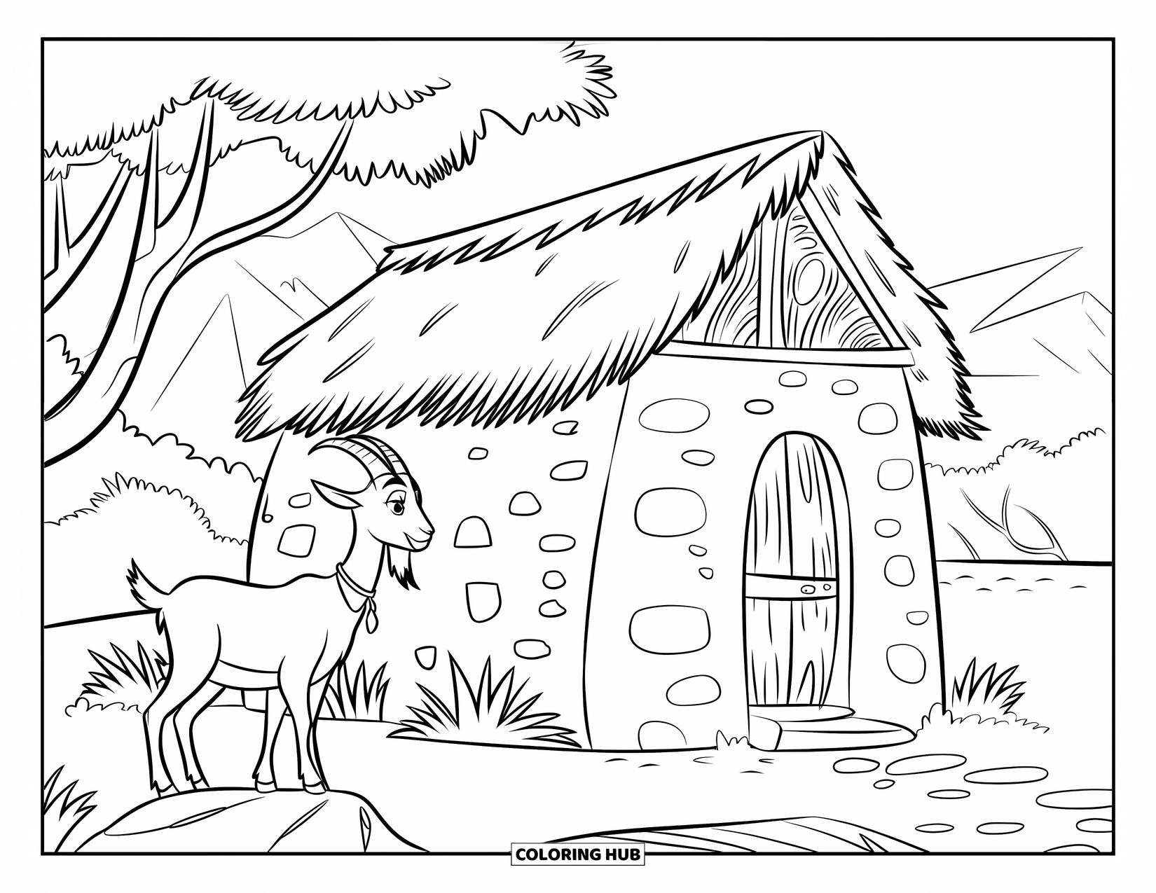Africa Coloring Page for Kids: A stone house stands with a goat beside its wooden door