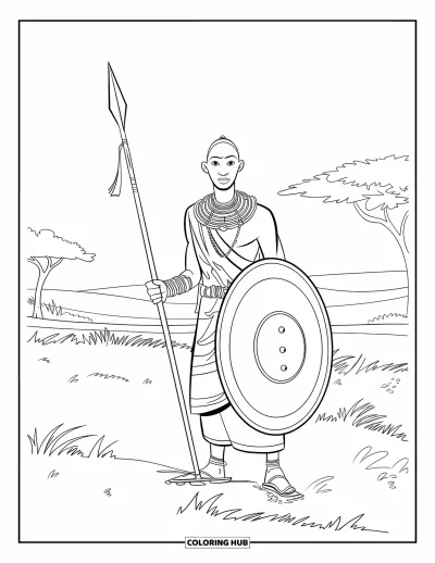 Coloriage d'Afrique pour enfants : Un guerrier courageux se dresse sous de grands acacias dans un ciel immense
