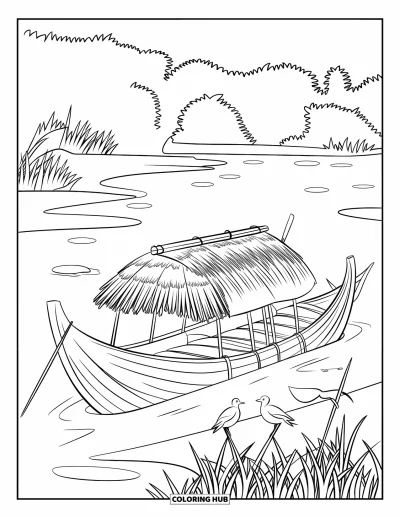 Coloriage d'Afrique pour enfants : Une barque de pêche au toit de chaume entourée d'eau calme et d'oiseaux